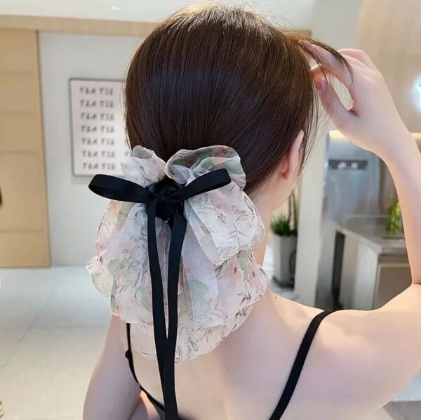 กิ๊บติดผม ริบบิ้นโบว์ ยิปโซ ทูเล่ ริบบิ้น ขนาดใหญ่ (ลายดอกไม้สีขาว)
